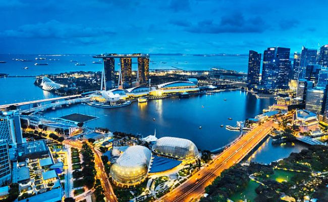 Singapore at night, Aerial view of Marina Bay